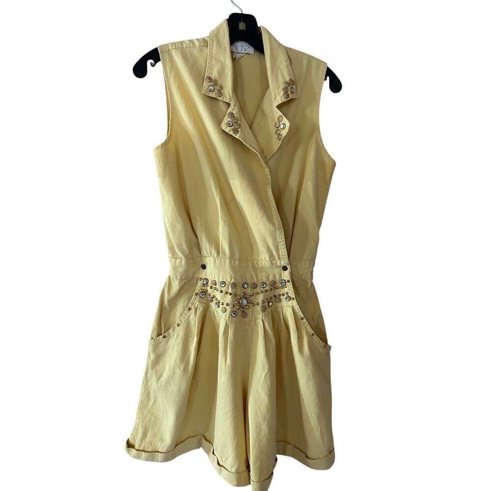 Vintage Caché Studded Denim Romper Rhinestone Embellished Yellow 90s Boho